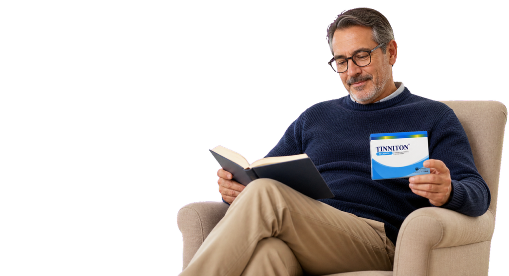 Tinniton, adulto leyendo y sosteniendo el producto